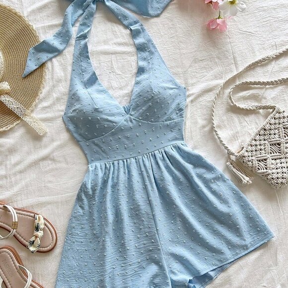 Blue Boho Women's Textured swiss dot halter Romper Vacation